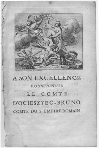 Seite aus einem alten Buch: Bild mit Himmelswesen, die ein Wappen mit einer Meeresschnecke drauf präsentieren. Darunter steht "A son Excellence Monseigneur le Comte d'Ocieszyec-Bruno, Comte du S. Empire Romain."
