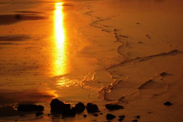 Sonnenuntergang spiegelt sich golden auf einem nassen Strand.