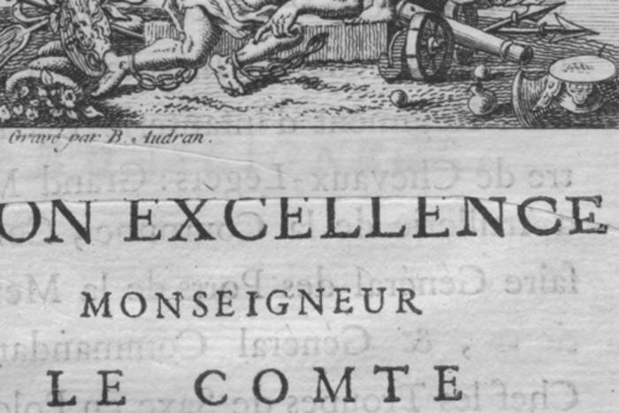 Seite aus einem alten Buch - Detail mit Schriftzug: "son Excellence Monseigneur le Comte".
