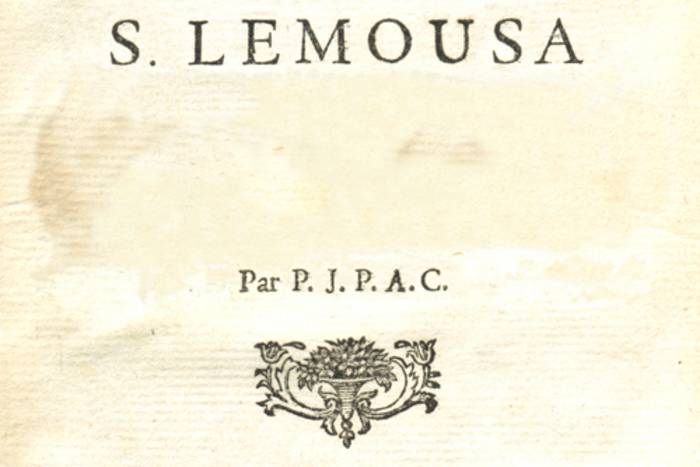Deckblatt eines alten Buches mit dem Schriftzug "S. Lemousa".